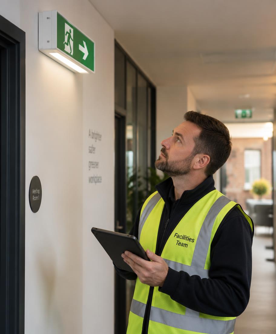 Facilities officer checking emergency lighting on a tablet